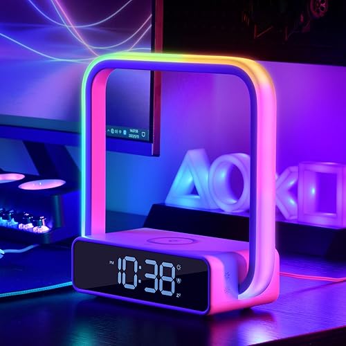 Reloj despertador con lámpara de mesa de carga inalámbrica, moderna lámpara de noche 3 en 1 con control táctil regulable RGB luz nocturna reloj