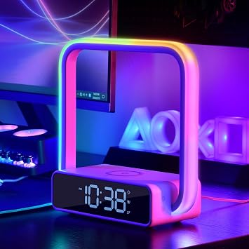 Digital Alarm Clock Wireless Charger, Dimmable Small Bedside Lamp with Alarm Clock for Bedrooms Home Office Touch Control RGB Night Light Nightstand Lamp for Men Teen