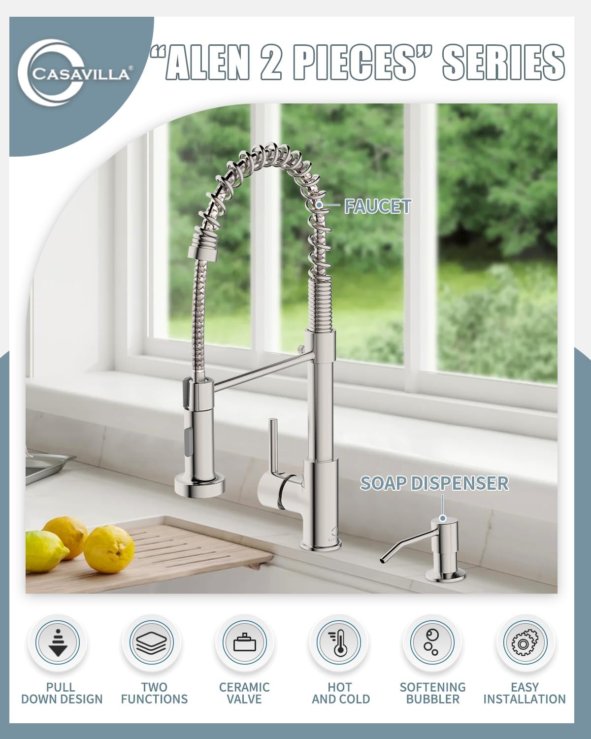 Kitchen Faucet, Kitchen Faucet with Soap Dispenser, Faucet for Camper Farmhouse RV Kitchen Sink, Single Handle Stainless Steel Kitchen Sink Faucets with Pull Down Sprayer, Nickel Brushed