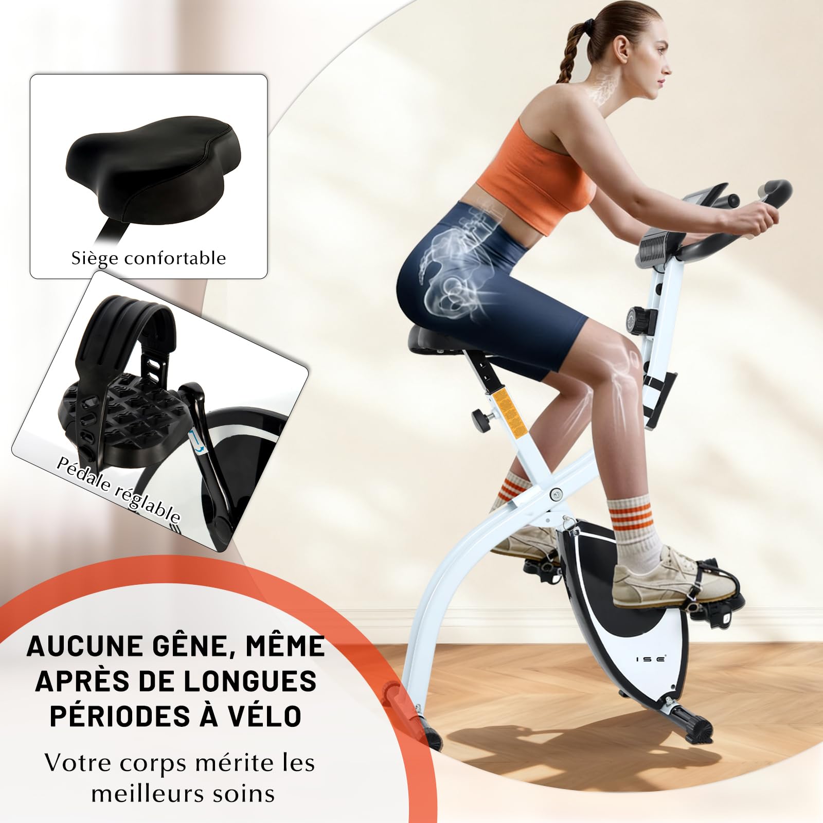 ISE Mini Vélo d'Appartement Pliable, 8 Niveaux Résistance Magnétique, Ecran LCD, Capteur de Fréquence Cardiaque, Blanc