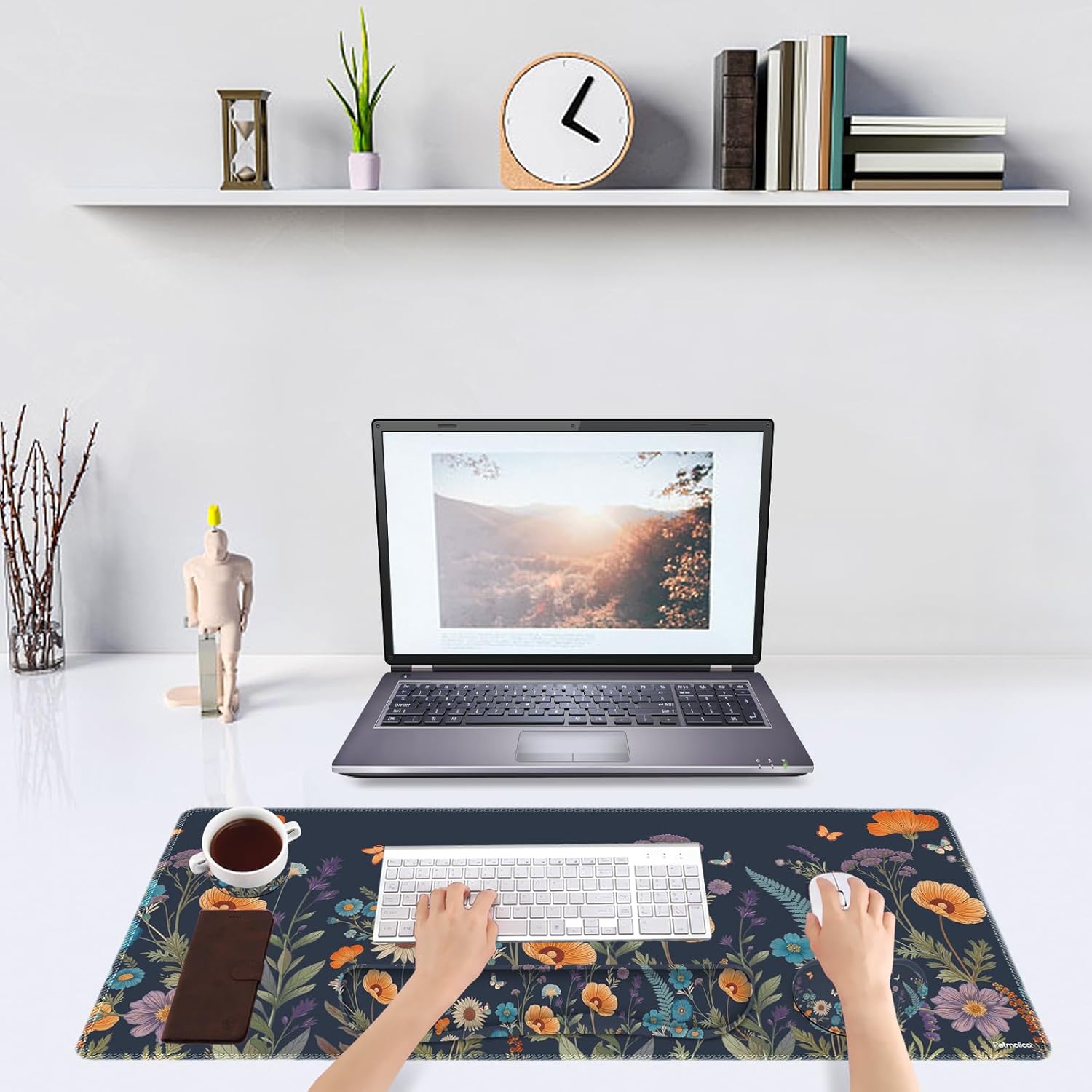 DINKY Desk Mat Keyboard Mouse Pad Set, Large Gaming Mouse Pad +Keyboard Wrist Rest +Mousepad with Wrist Rest +Coaster, Ergonomic Non-Slip 4 in 1 Combo, Flowers Plants Butterflies