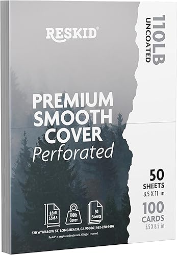 Miniatura 9 de Reskid Paquete de 50 hojas de papel perforado grueso de cartulina blanca de 110 libras, 8.5 x 11 pulgadas con 2 por página, 4.25 x 11 pulgadas,