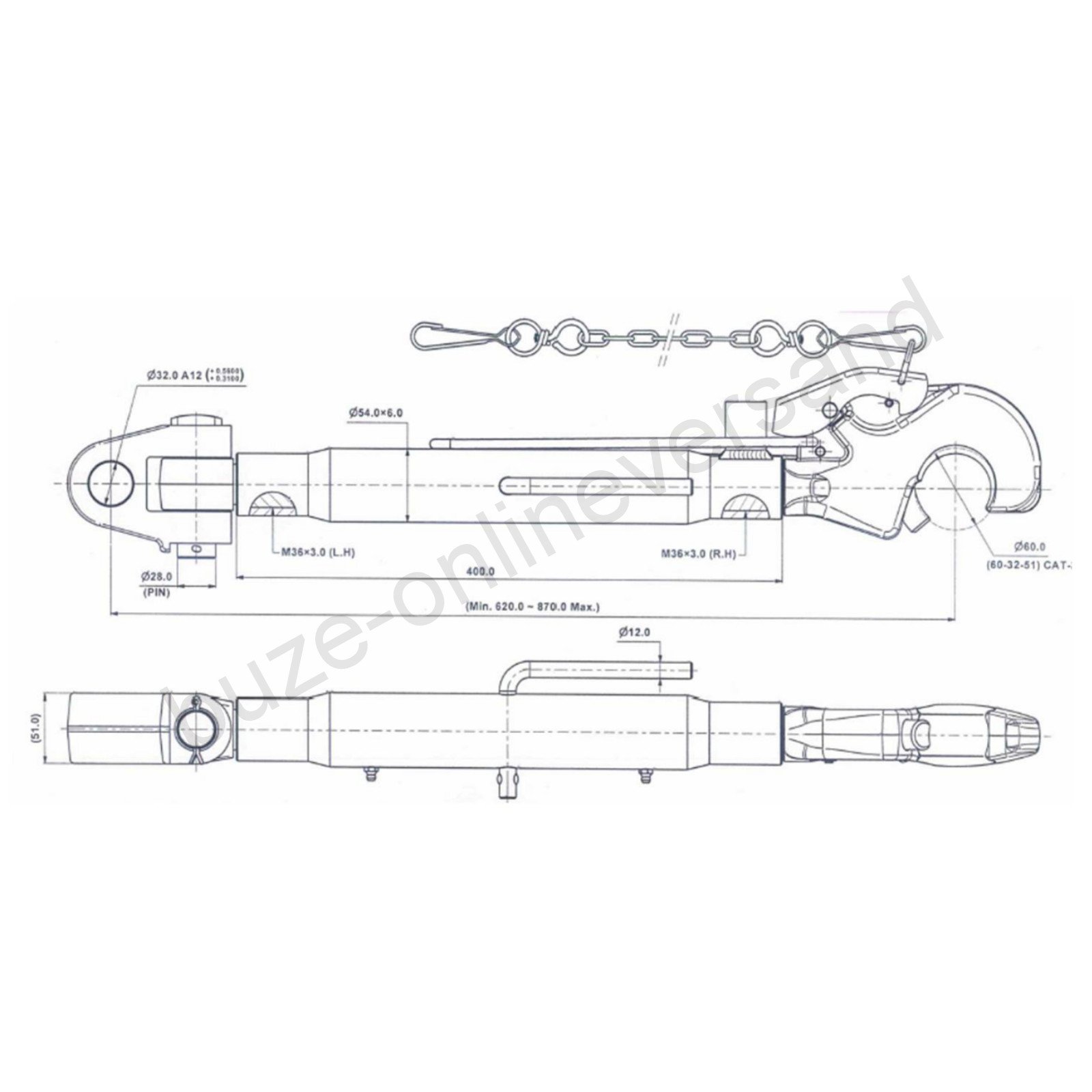 BUZE Oberlenker mit Fanghaken Kat. 3, Länge 620-870 mm (Hülsenlänge 400 mm), M36x3mm