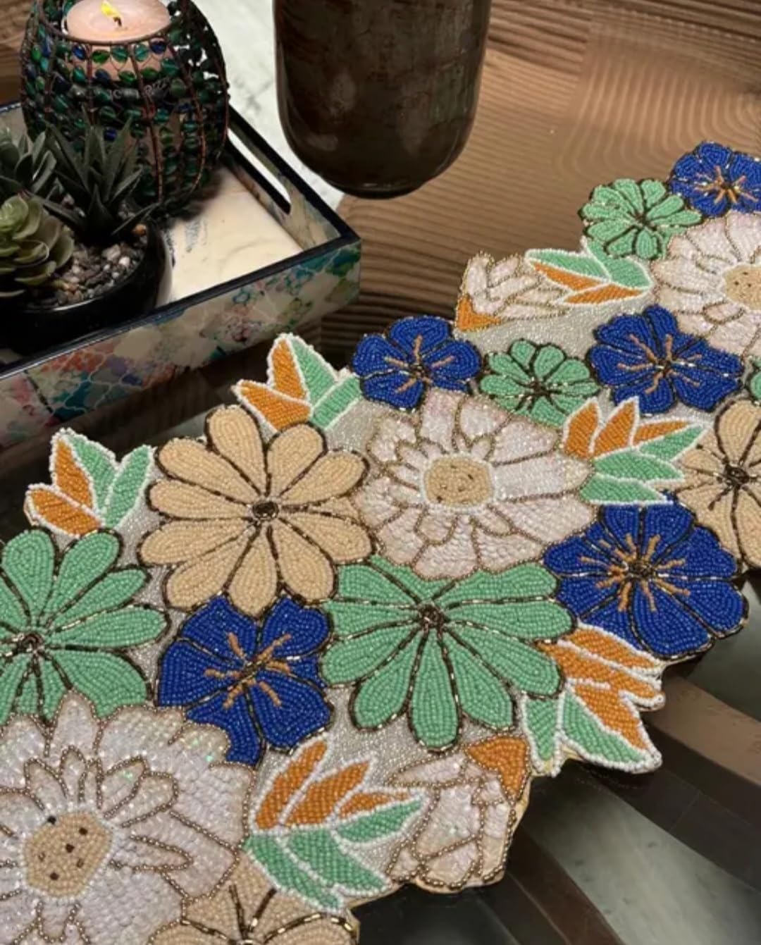 Beaded Floral Table Runner, Multicolor, Handcrafted Seed Bead, Flower Design, Boho Home Decor