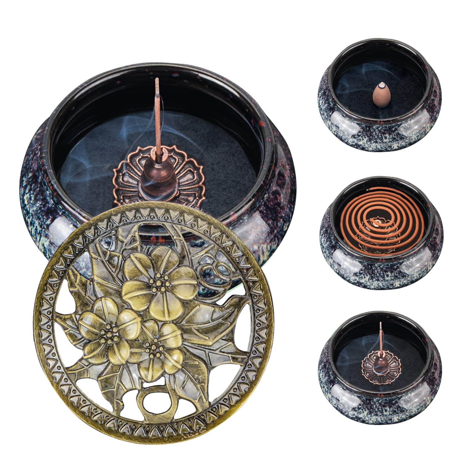 Incense Cone Burner, Lotus Incense Holder for Sticks or Coil Incense, Incense Burner for Charcoal Disc, Resin, Sage Cones and Palo Santo (Fambe Black)