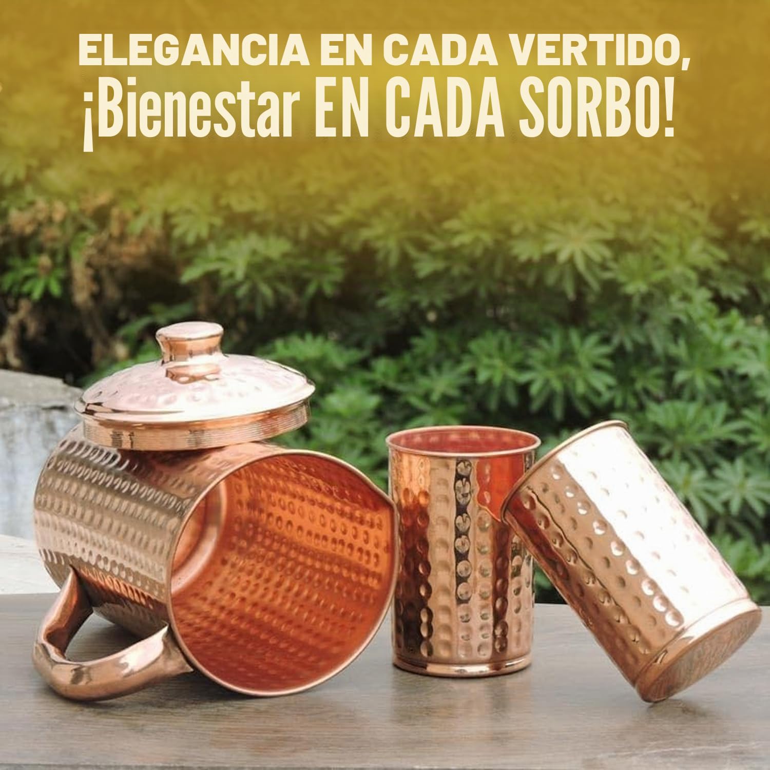 Jarra de agua de cobre con tazas de cobre | 1.5 L (50 oz), marrón, beneficios para la salud del Ayurveda