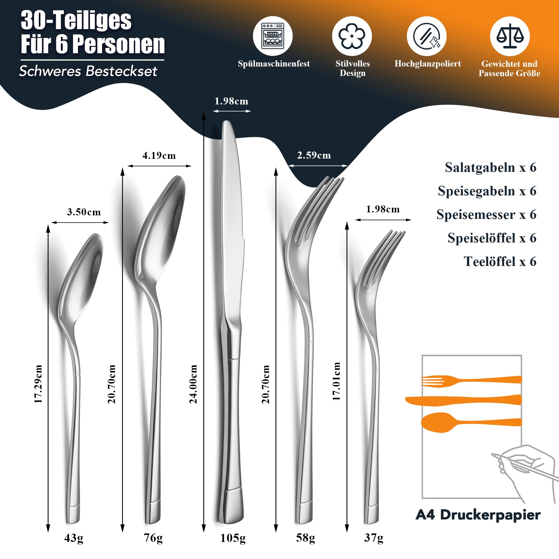 30-teiliges 18/10 Edelstahl Besteck, EIUBUIE Premium Besteck Set 6 Personen