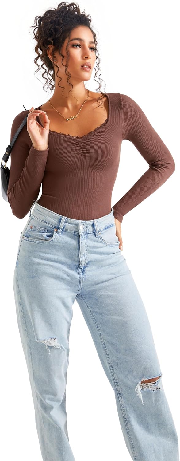 SUUKSESS Women Sweetheart V Neck Long Sleeve Tops Lace Trim Ribbed Modal Fall Going Out Shirts - Image 5