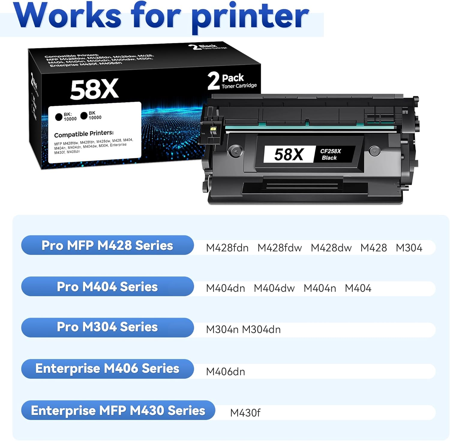 58X CF258X Toner Cartridge Black Replacement for HP 58X CF258X 58A CF258A High Yield Black Toner Cartridges Work With Laser Jet Pro M404dw M406dn M404dn M404n MFP M430f M428fdn Printer Toner (2 Black)