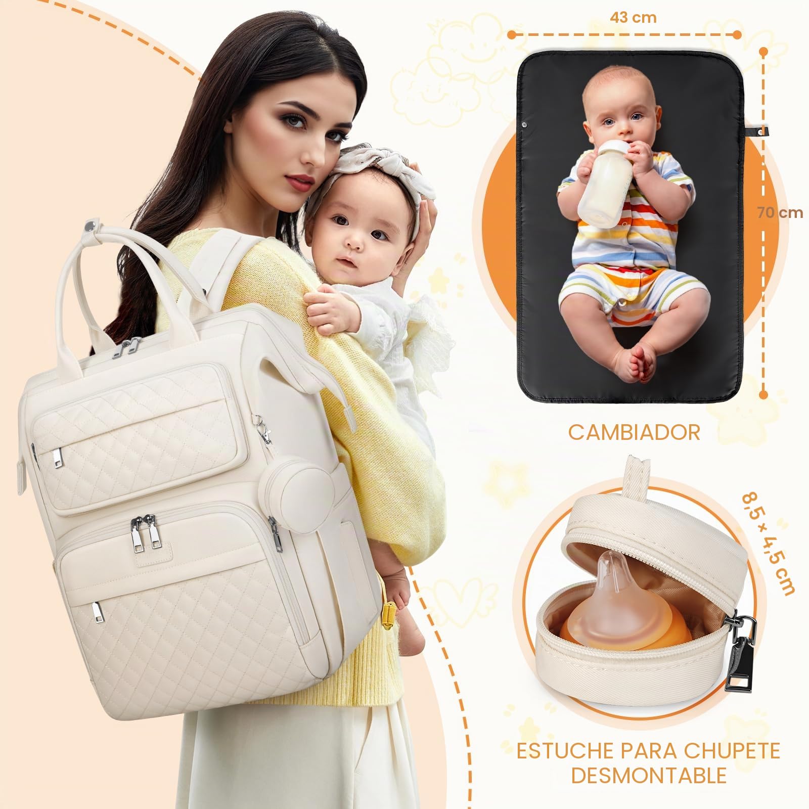 RAINSMORE Mochila Bebe Multifuncional Mochila Carro Bebe con Cambiador Portátil y Portachupete Pañaleras para Bebes Grande Mochila Cambiador para Mamá y Papá