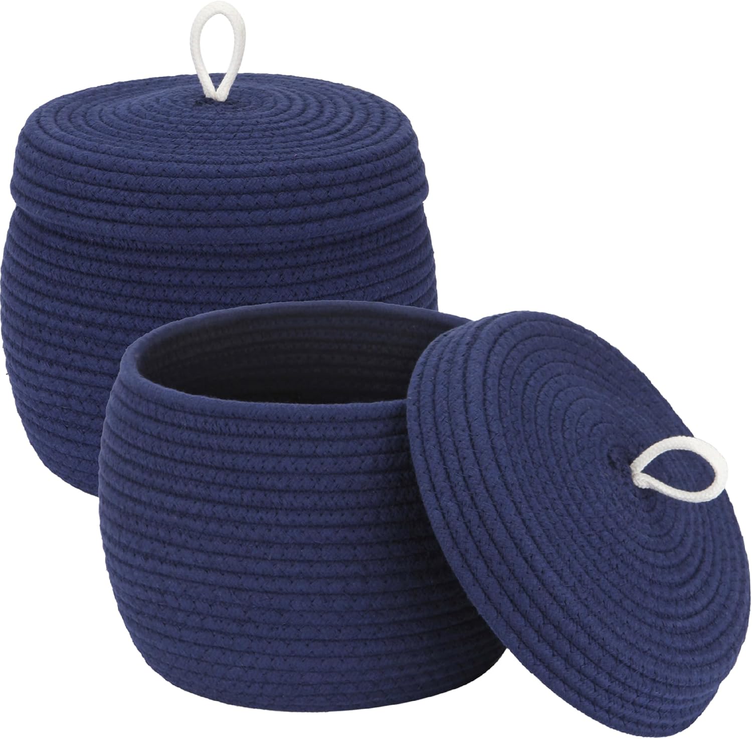 Sea Team Round Cotton Rope Storage Basket with Lid, Decorative Woven Storage Bin, Pot, Caddy, Organizer, Container for Snacks, Towels, Plants (Dark Blue, Small/2-Pack)