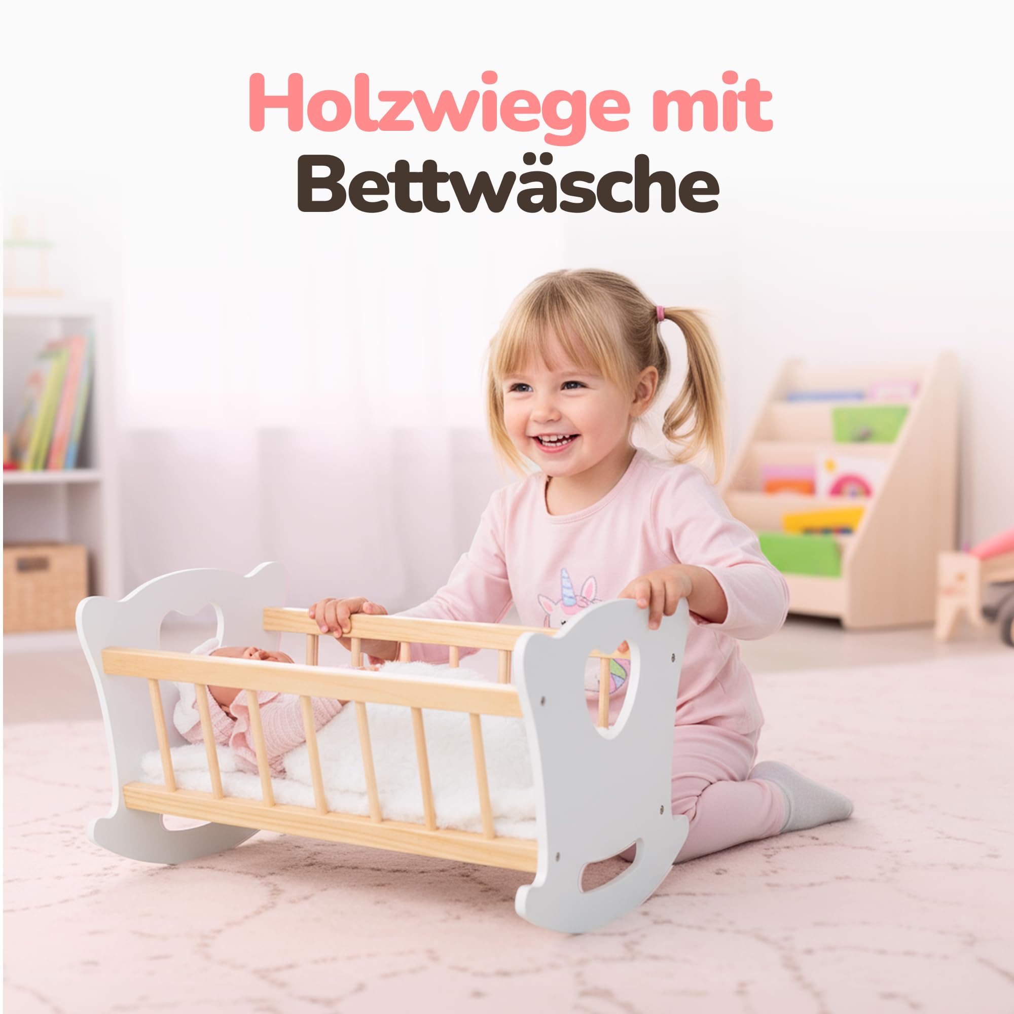 Kinderplay Łóżeczko dla Lalki, Kołyska dla lalki – Zestaw Kołyska plus Kołderka, Poduszeczka oraz Prześcieradło, dla laki o max. długości 49.5 cm., model GS2105 (GS2105)