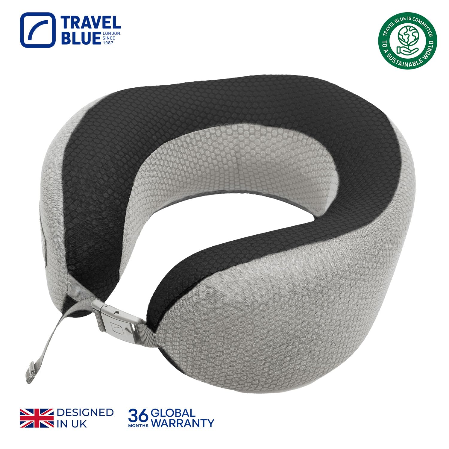 Travel Blue Dreamer Cojín cervical de avión – Almohada de espuma viscoelástica para viajes, cojín de viaje en avión con material de malla transpirable, funda extraíble, gran comodidad y apoyo (gris)