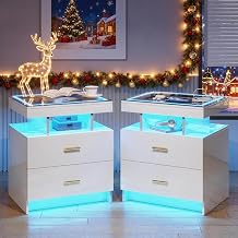LED Nightstand Set 2 with Charging Station,Motion Senor,White | Night Stand with 2 Drawers,Glass Top Smart BedSide Table,Modern End Table Side for Bedroom,Living Room,Office