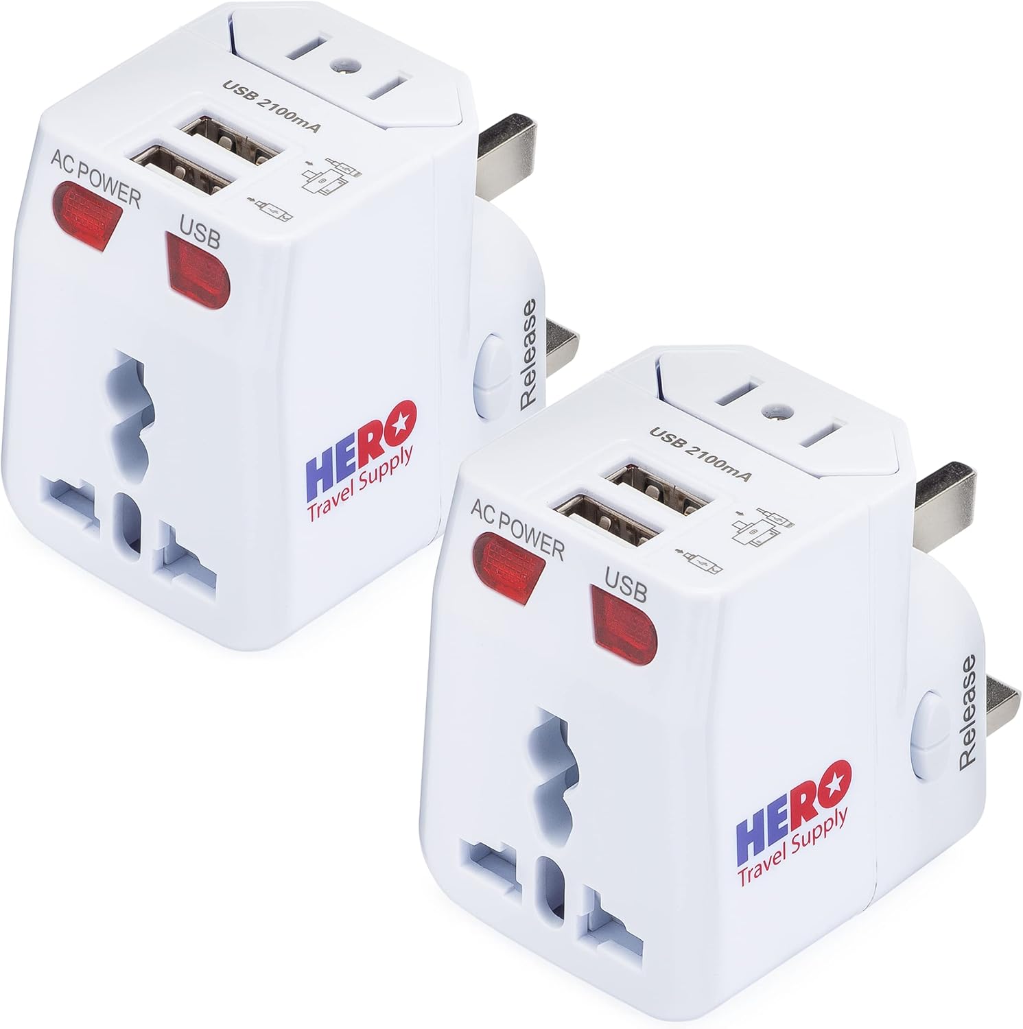 Hero Universal Travel Adapter (2 USB Ports) – Power Plug for US Europe France UK Ireland Thailand NZ Australia 100+ Countries (2-Pack)