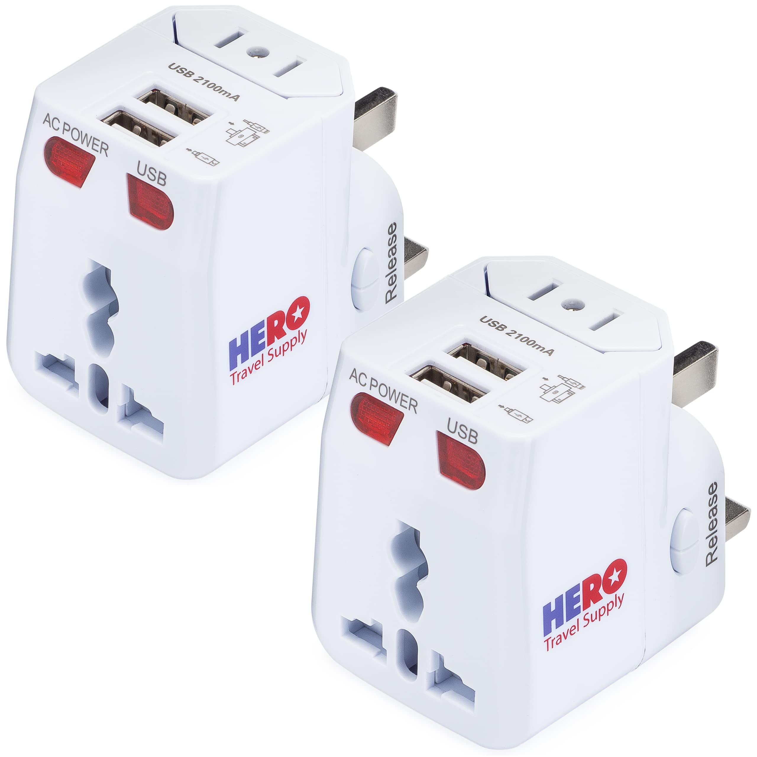 Hero Travel Supply - Universal Adapter (2 USB Ports) for US, Europe, France, UK, Ireland, Thailand, New Zealand, Australia, 100 Countries (2 Pack)