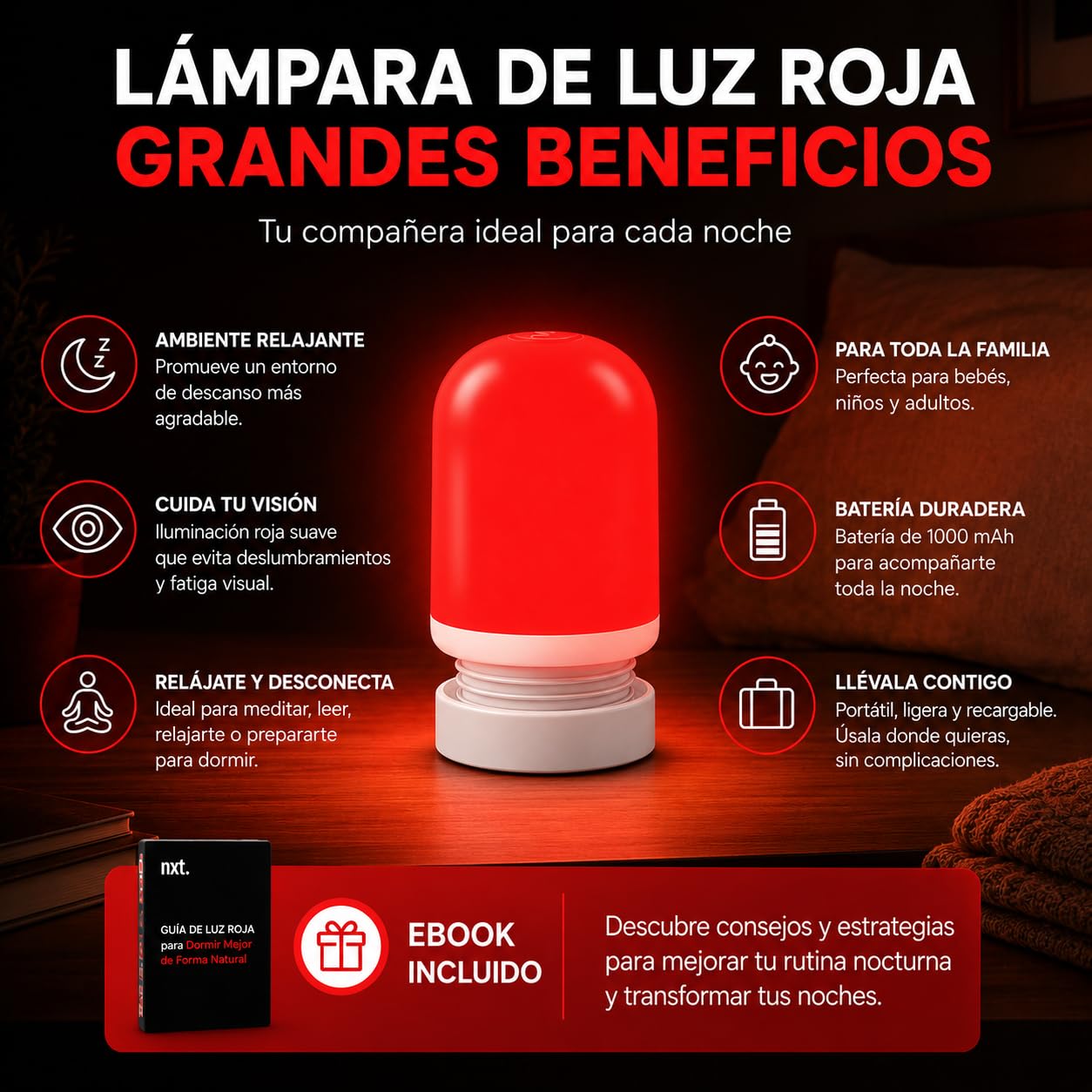 NXT - Lampara Luz Roja Nocturna Melatonina 625nm + EBOOK | Lampara Luz Roja Bebe y Adultos Para Dormir Mejor | Lámpara Luces Rojas Portátil Recargable USB | 3 Niveles de Brillo | Luces Rojas Nocturna