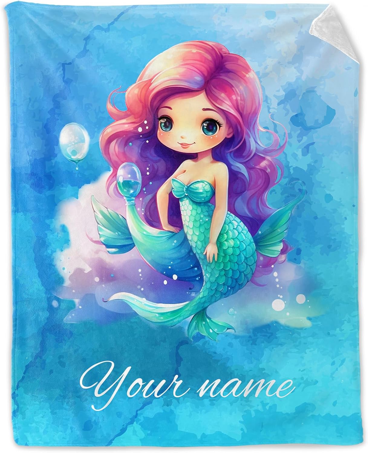Custom Mermaid Blanket with Name - 40 x 50 Inches Cute Mermaid Throws Gift for Girls & Women - Blue Soft Fuzzy Plush Blankets for Couch