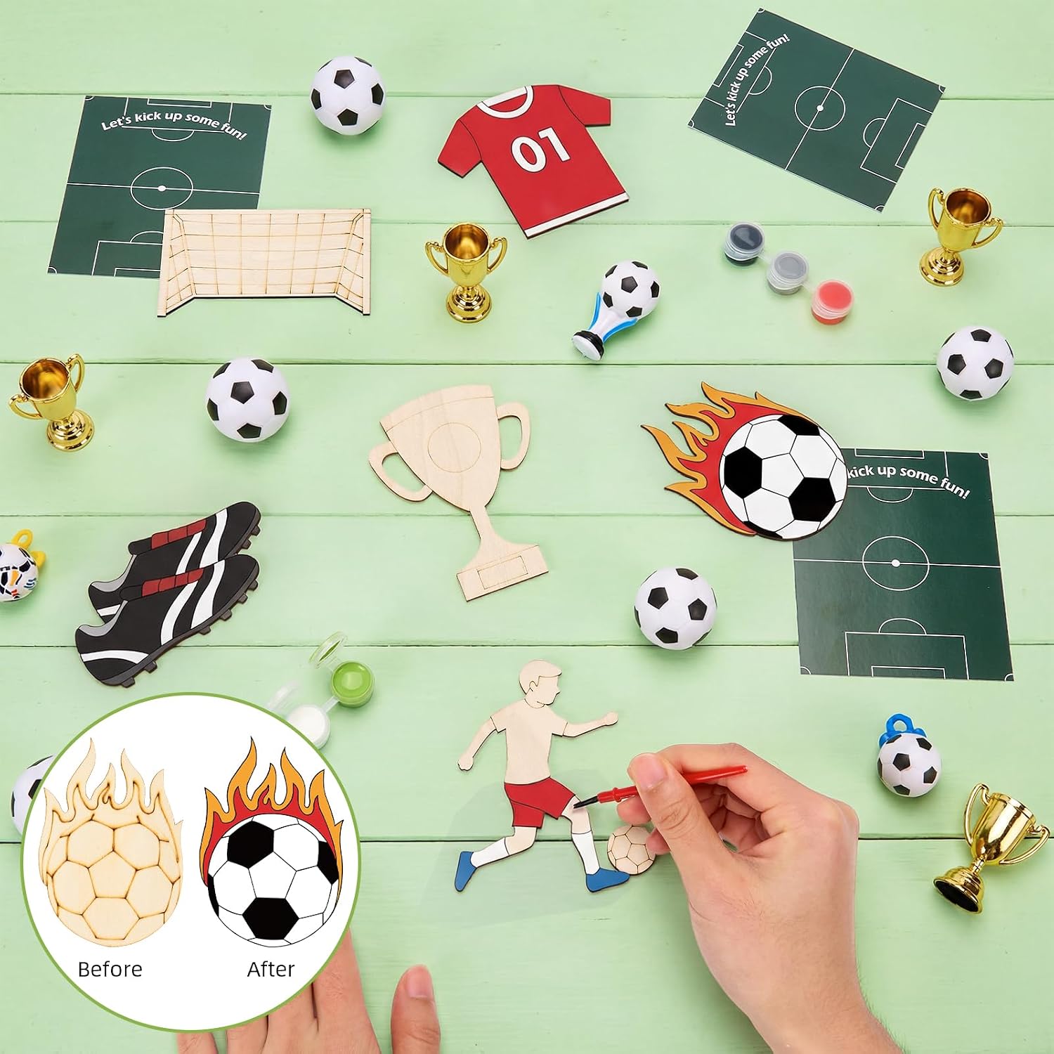 Defresit 24 Set Soccer Party Favors, Soccer Birthday Party Decorations, DIY Wooden Painting Crafts with Magnet Greeting Cards, Sports Team Gifts for Goodie Bags Stuffers Classroom Rewards
