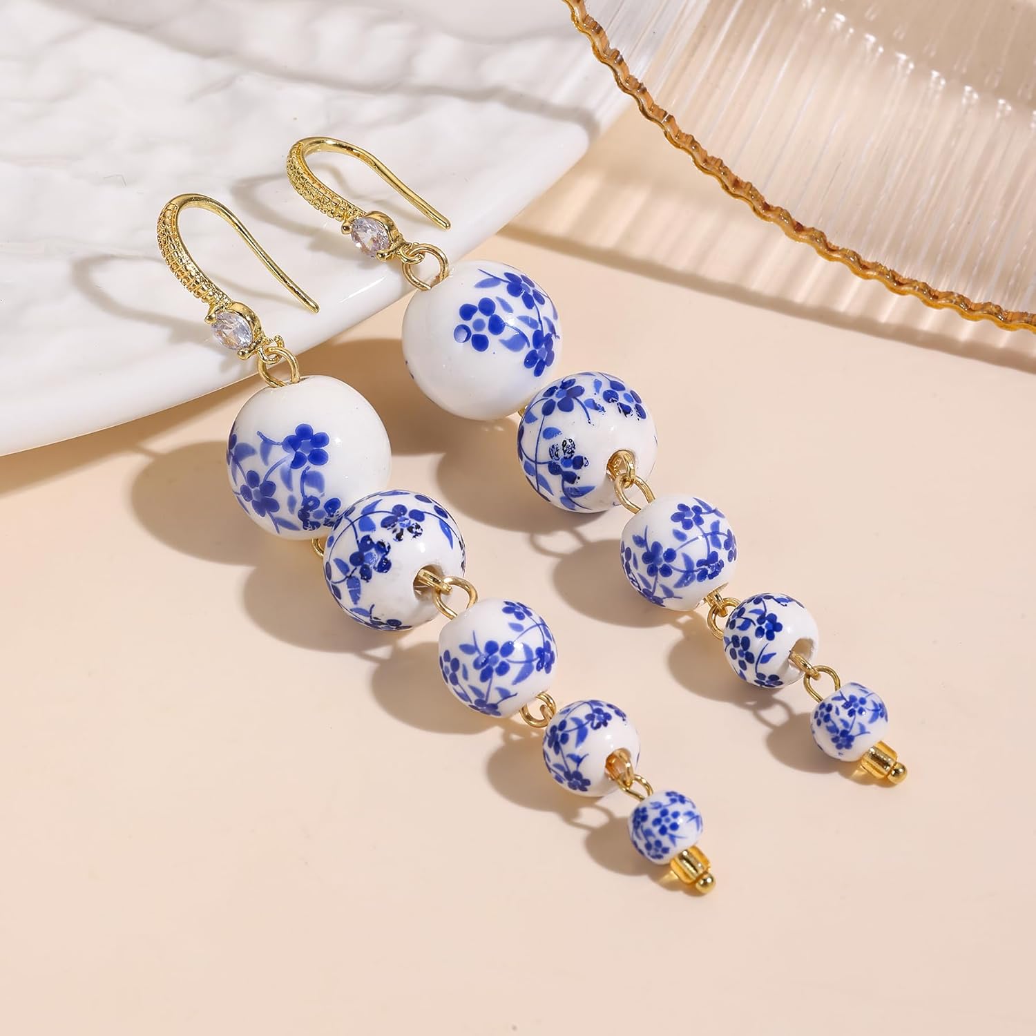Dangling Ceramic Ball Beads Drop Dangle Hoop Earrings for Women,Lightweight Long 5 Balls Vintage Statement Jewelry Earrings For Formal Party Prom Wedding - Image 2