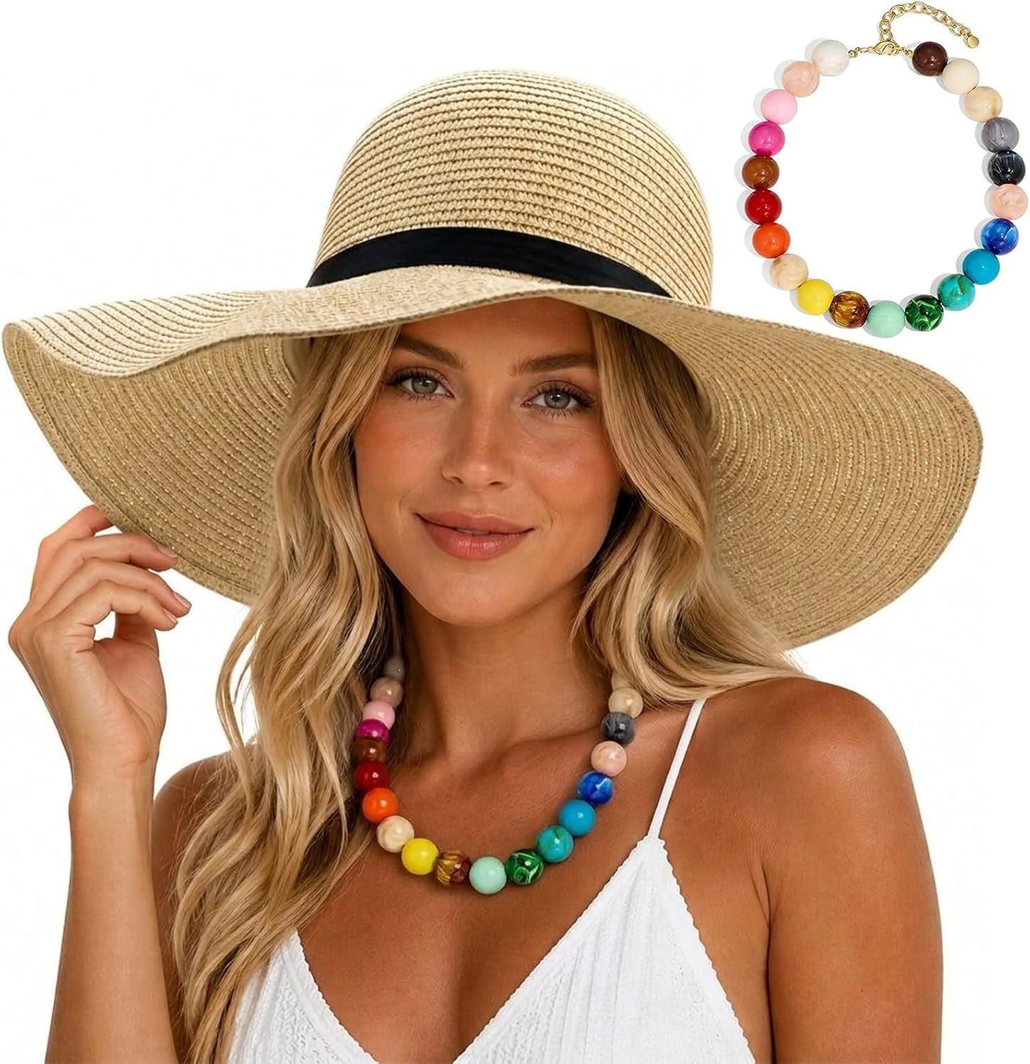 Wide Brim Straw Sun hat with Colorful Resin Bead Necklace, Summer Beach Set, Set of 2