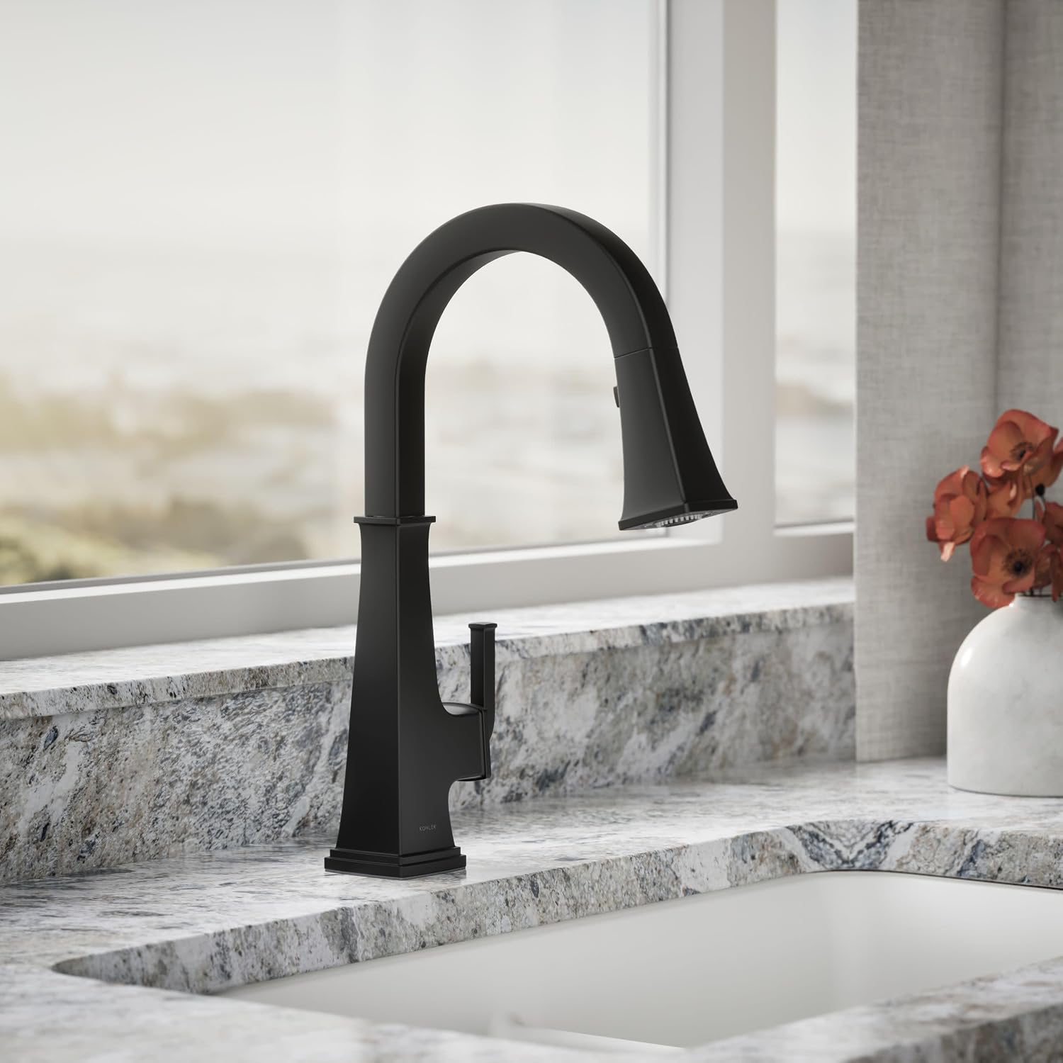 KOHLER 23830-BL RIff Single-Handle, Kitchen Sink Faucet with Pull-Down Sprayer, Matte Black