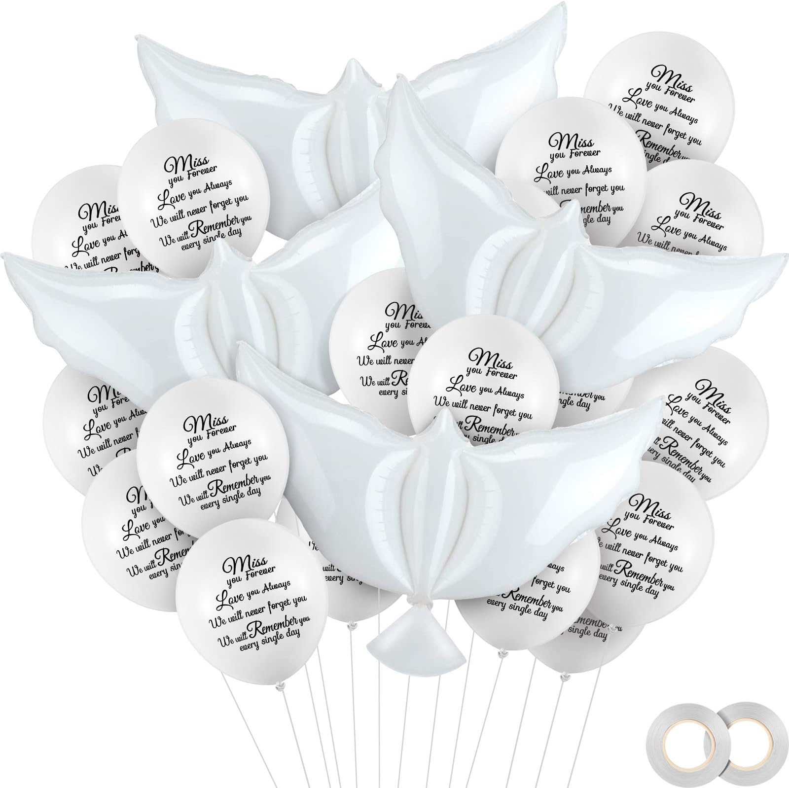 Skylety 36 Pcs Memorial Balloons with 4 Peace Dove Balloons to Release in Sky Remembrance Helium Decorations for Funerals, Heavenly Birthday, Anniversaries, and Memorial Services(White)