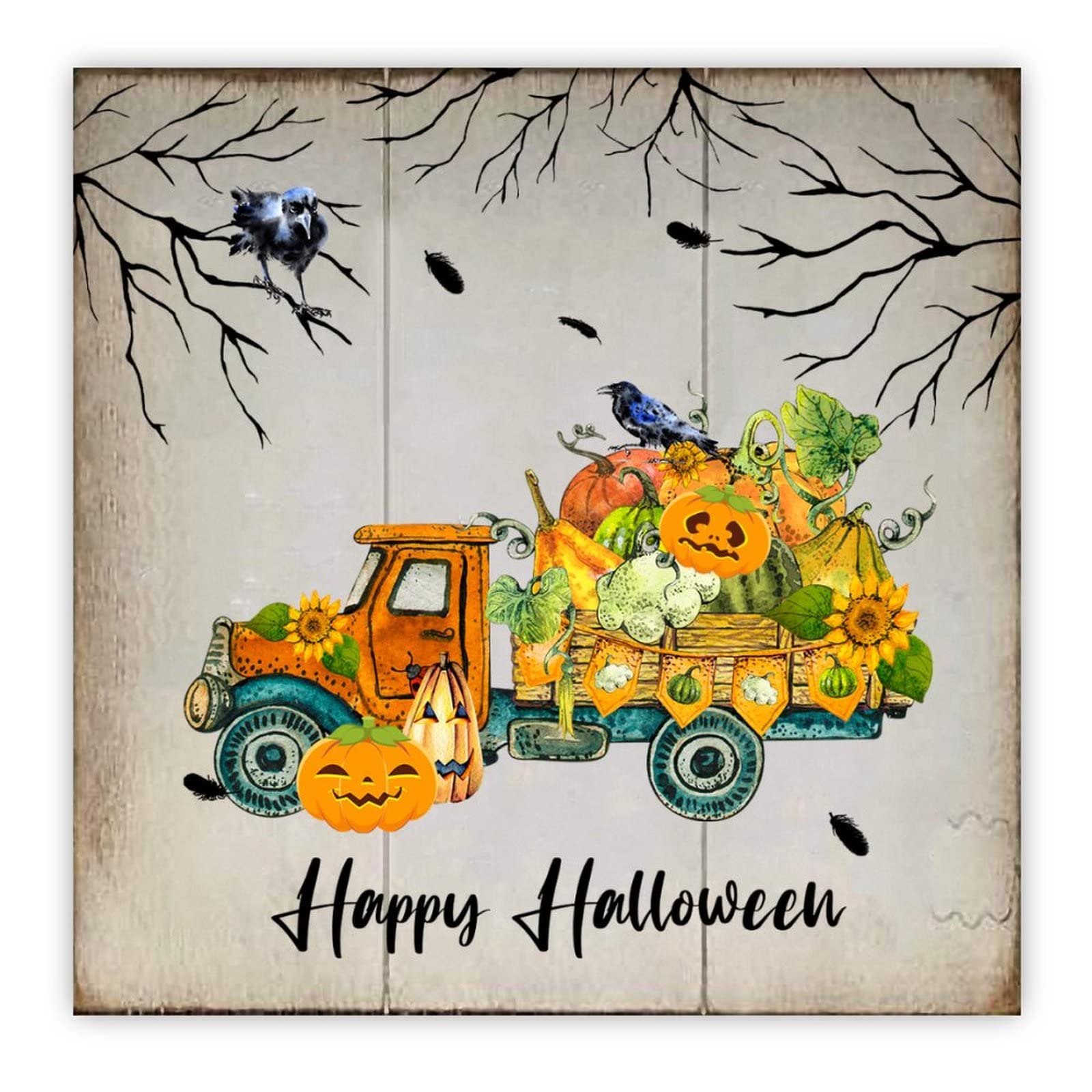 Panneau bois suspendu Halloween camion orange déco murale maison 30cm