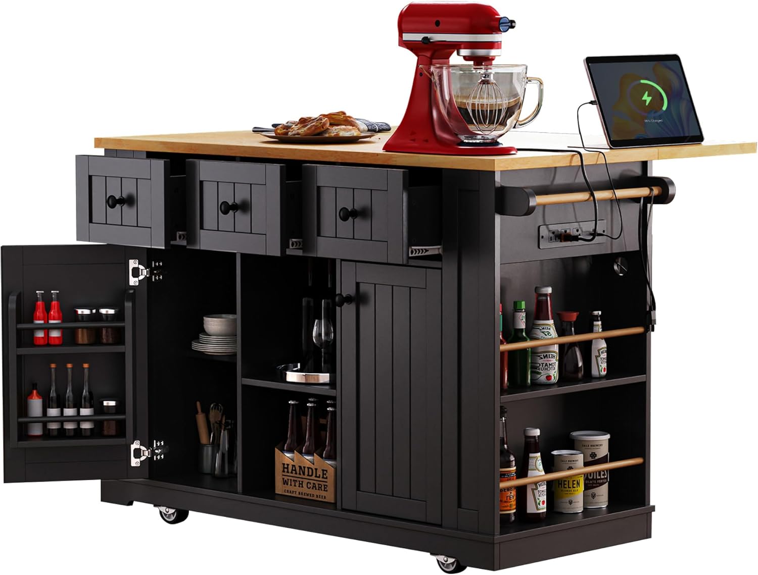 53'' Rolling Kitchen Island Cart with Drop Leaf, Mobile Kitchen Cabinet with Storage, Charging Station, Open Spice Rack, Towel Rack and Drawers (Black, Kitchen Island)
