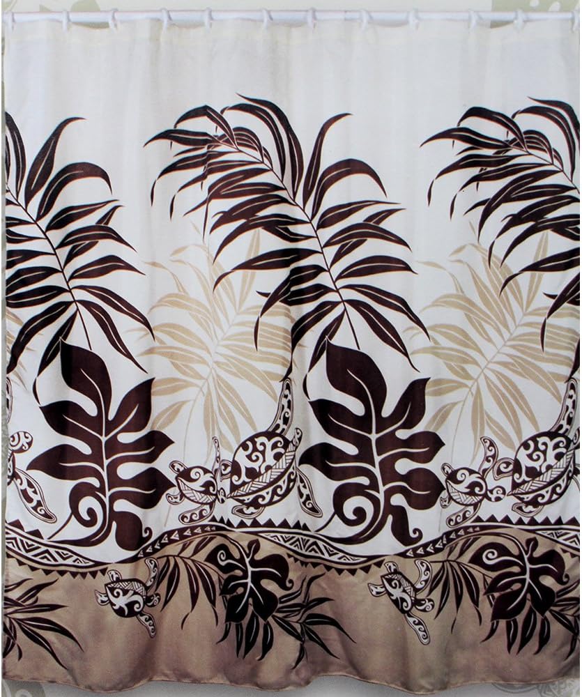 Hawaii Theme 100% Polyester Fabric Shower Curtain Maroon Brown Color Turtle and Monstera Leaf