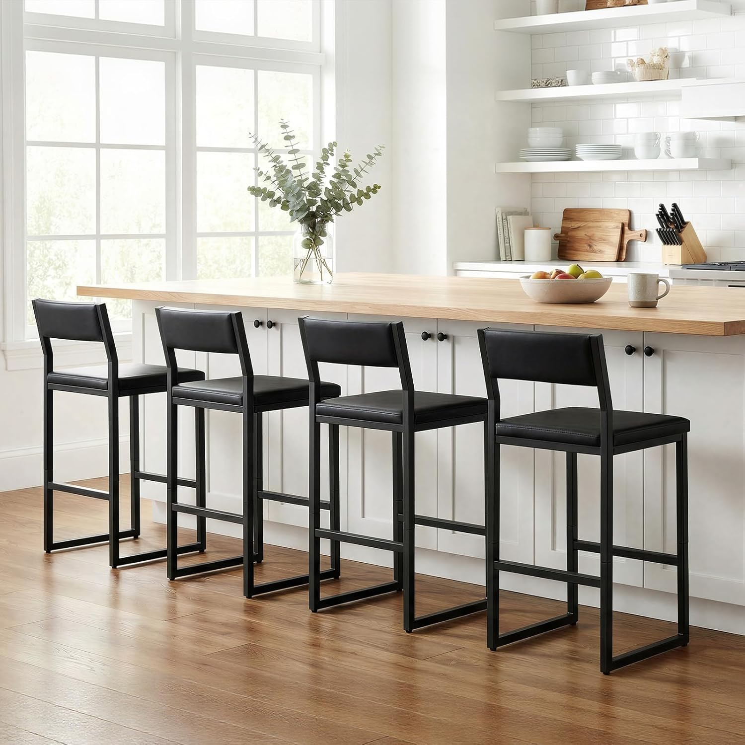 Bar Stools, Set of 2 Bar Chairs with Backrest and Footrest, 26" PU Leather Counter Height Barstools, PU Cushioned Seat, Metal Frame, for Kitchen, Dining Room, Home Bar, Black BABK11R01
