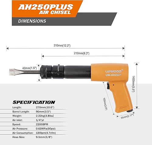 Miniatura 6 de UW-AH250P Kit de martillo de aire de barril largo con retenedor de cambio rápido y 4 cinceles, carrera de 3-58 pulgadas, 2200 BPM, peso ligero