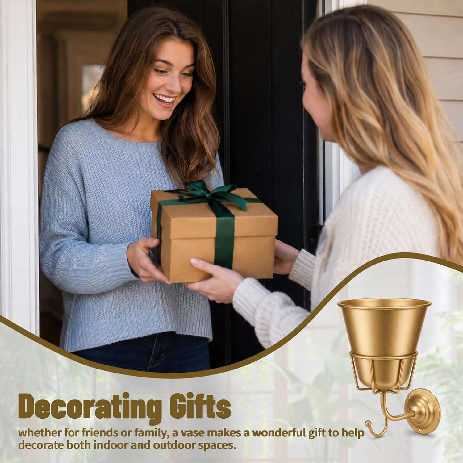 Gold Wall Vase for Flowers, Boho Metal Hanging Vessel, Versatile Organizer Wall Decor for Home Living Room, Bedroom, Bathroom & Kitchen, Office