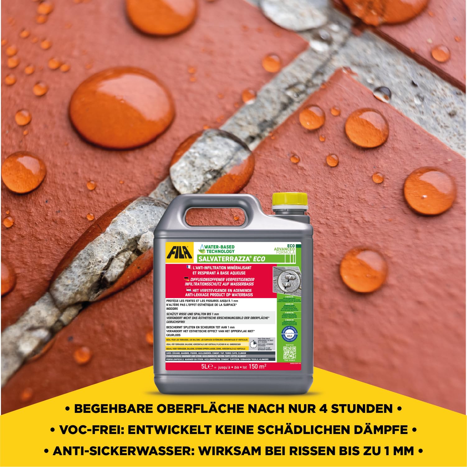 FILA Surface Care Solutions, SALVATERRAZZA ECO, Transparente Wasserdichter Beschichtungsmittel fur Terrassen Fliesen auf Wasserbasis, Konsolidierungseffekt, Auslaufsicher bei Rissen bis zu 1mm, 5L