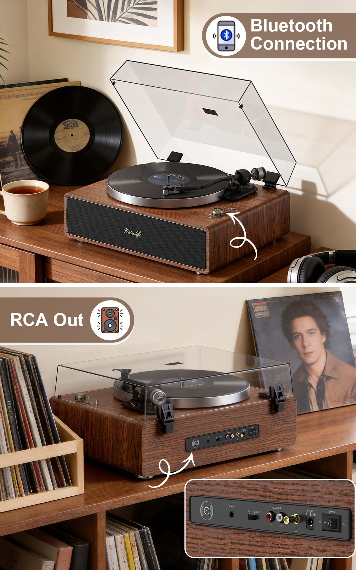 Retrolife Plattenspieler mit Integrierten Lautsprechern Riemenantrieb 33/45 U/min Vinyl Schallplattenspieler Unterstützt Bluetooth-Wiedergabe mit Auto-Stopp Funktion RCA Out und AUX-In Gelb-braun