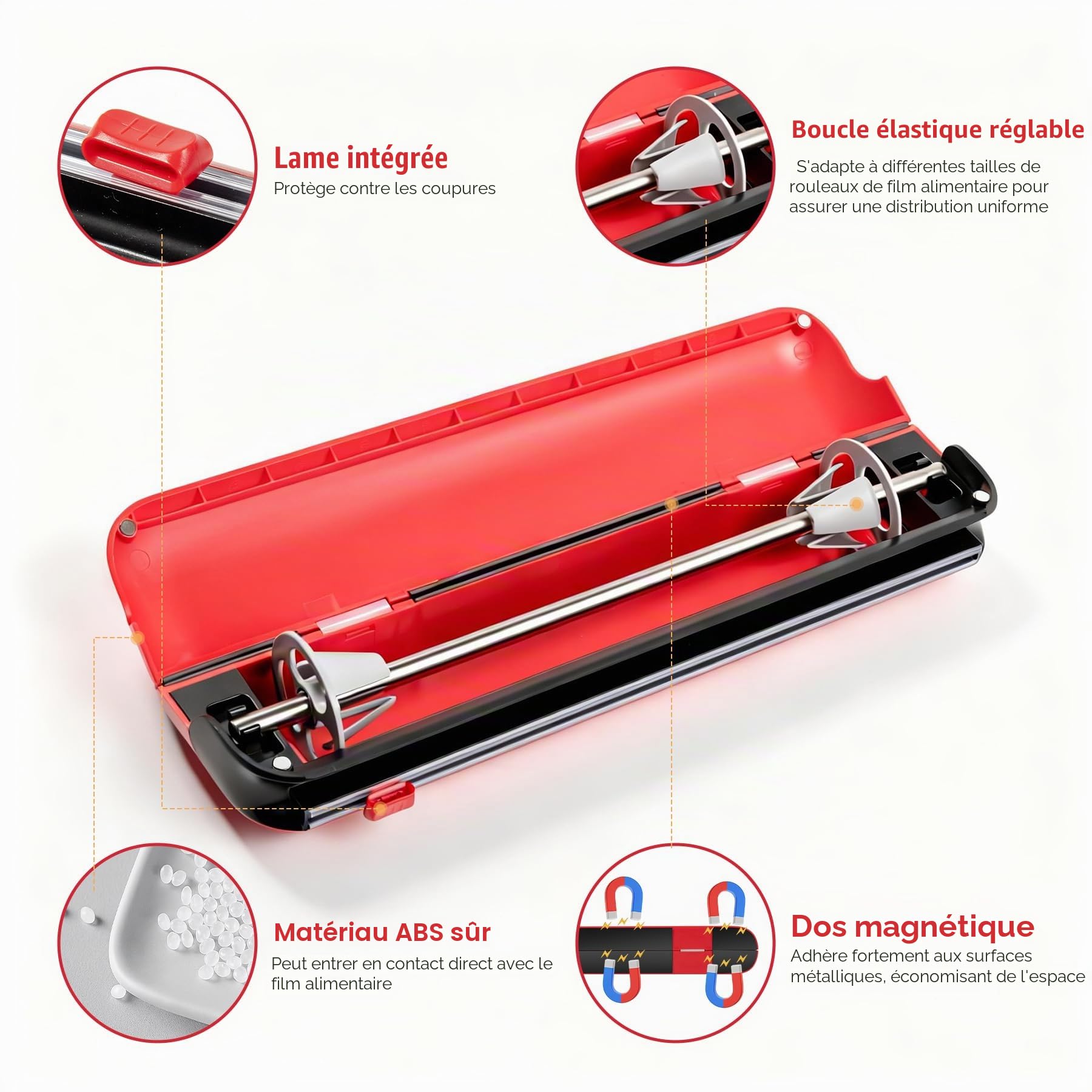 Derouleur Film Alimentaire avec Coupeur - Montage Magnétique Sans Percage, Distributeur Papier Aluminium et Film - Coupe Nette, Organisateur de Cuisine Compact pour Rouleaux 31 cm, Rouge