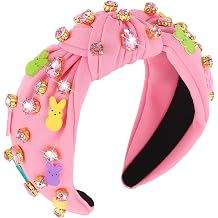 Easter Headband Pink Knotted Headband with Bunny Rhinestones Wide Top Knot Fashion Hairband Cute Hair Accessories