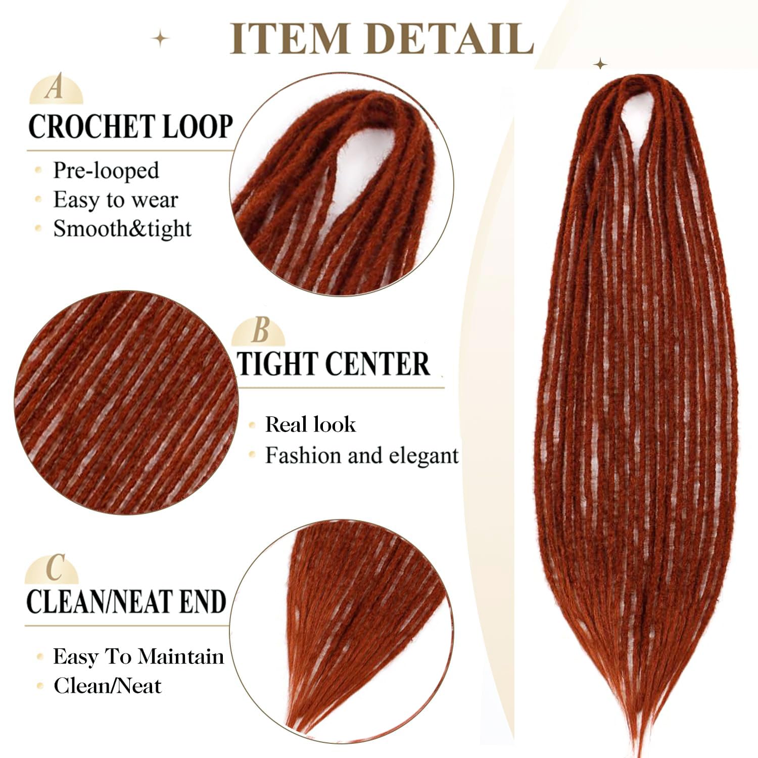 PORSMEER 10 Strands/Pack Copper Red Synthetic Dreadlocks Extensions,Handmade Hippie Dreadlock 0.6 Width Soft Dreads Hair Reggae Style Locs Crochet Braiding Hair for Women or Mens,18 inch - Image 3