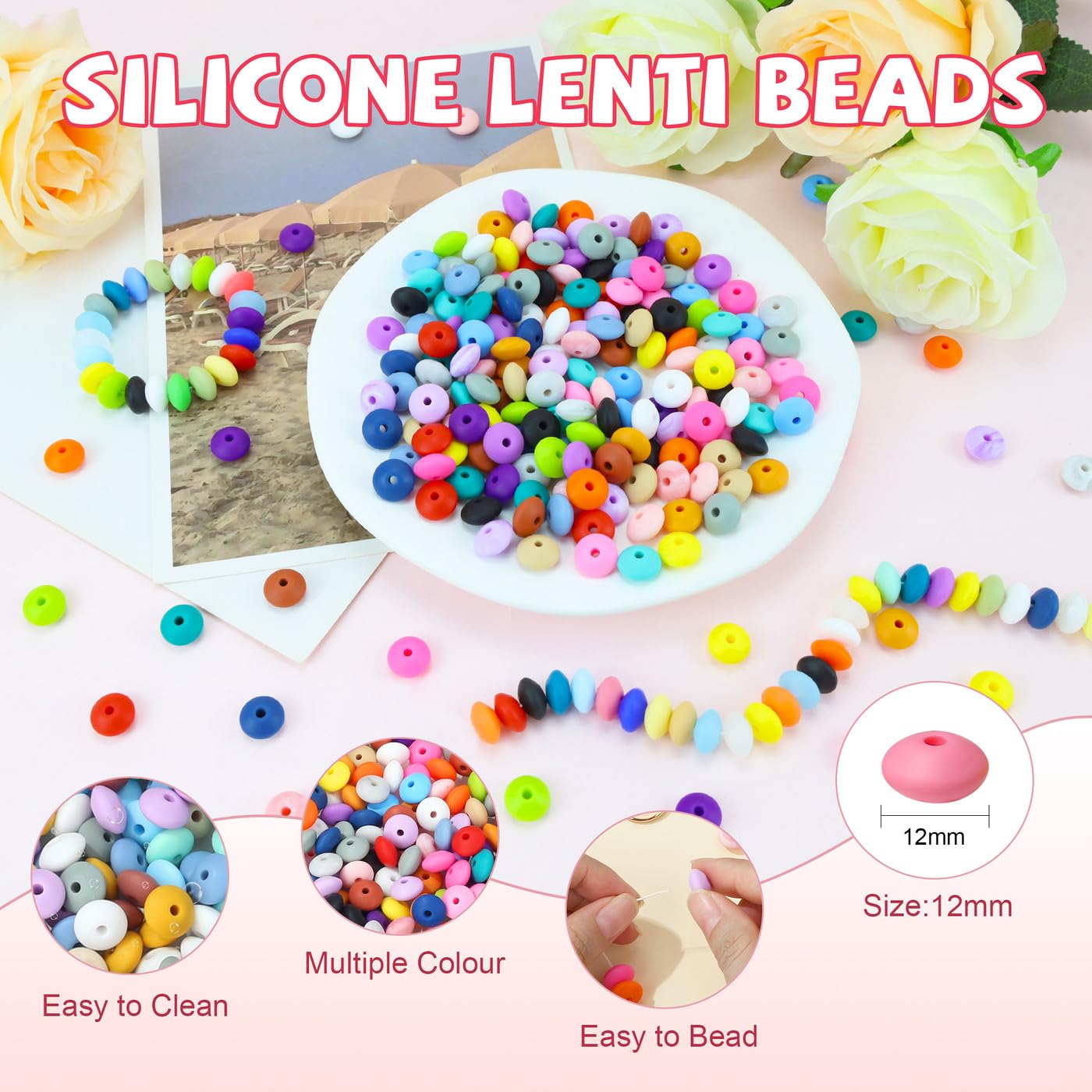Xzyden Kit di 252 perline in silicone a forma di lenticchia, perline abaco da 12 mm, perline in silicone di lenticchie sfuse con 6 nappe, portachiavi, cordini, per la realizzazione di bracciali