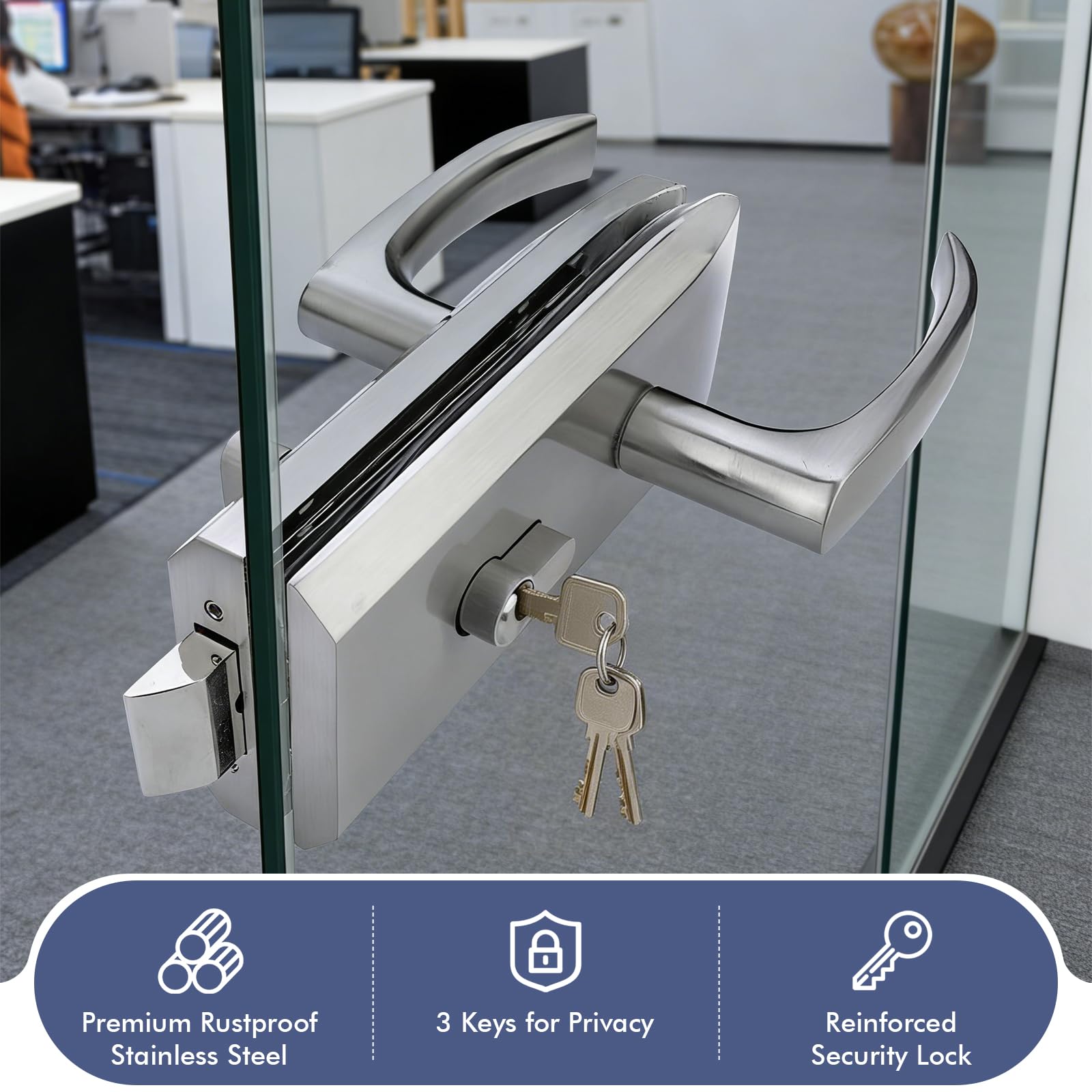 Cerradura para Puerta de Vidrio Acero Inoxidable con 3 Llaves