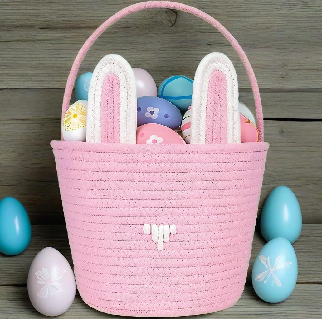 Easter Bunny Basket Easter Buckets for Kids with Ear, Easter Egg Hunt Basket Bags Easter Gifts for Girls Baby Kids Children Pink White 9.8 x 7.8 x 7.8”(Pink Basekt Pink Ear)