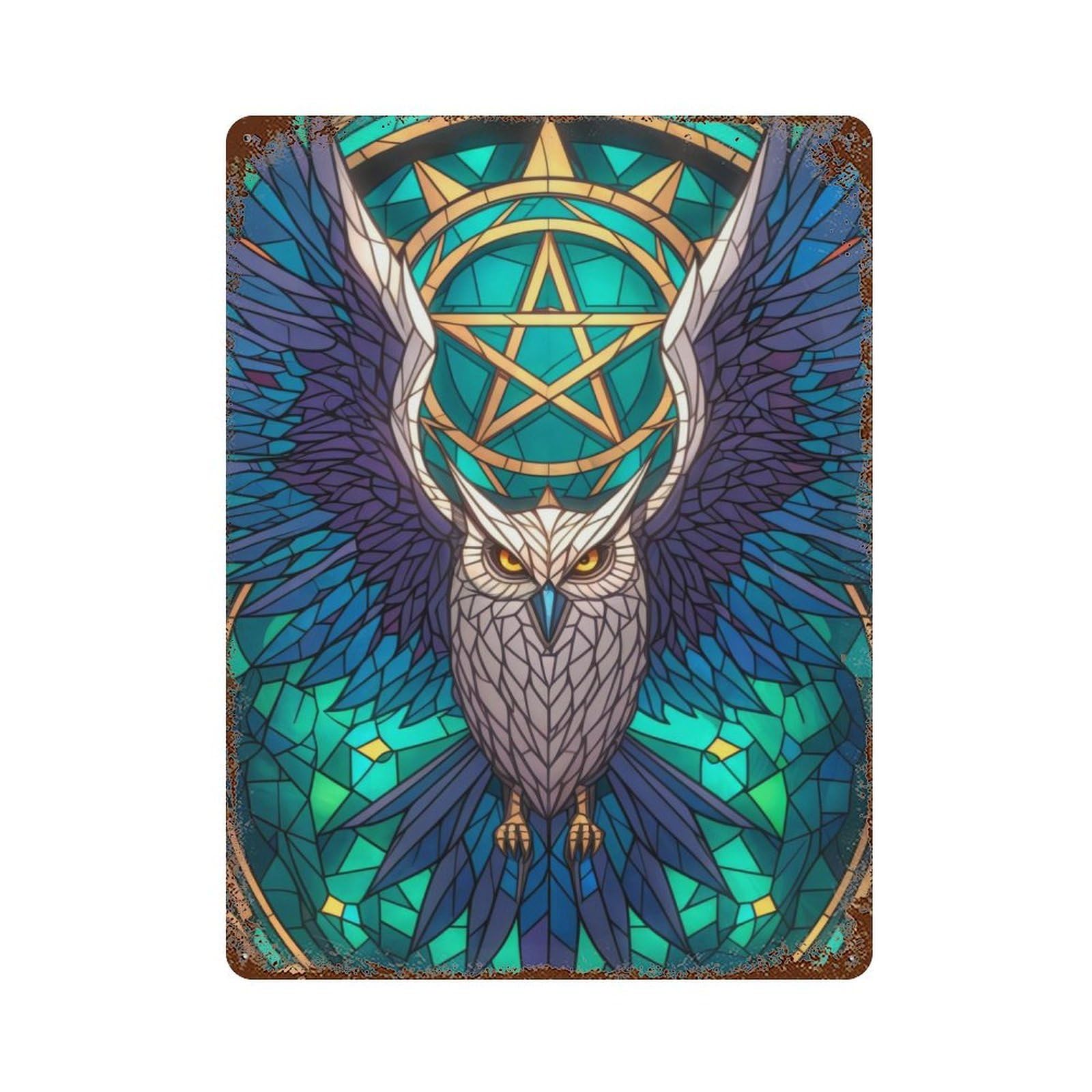 Enchanted Owl Weathered Tin Sign 15.7"x11.8", Classic Wall Plaque for Patio, Garden Room And Bar Decor