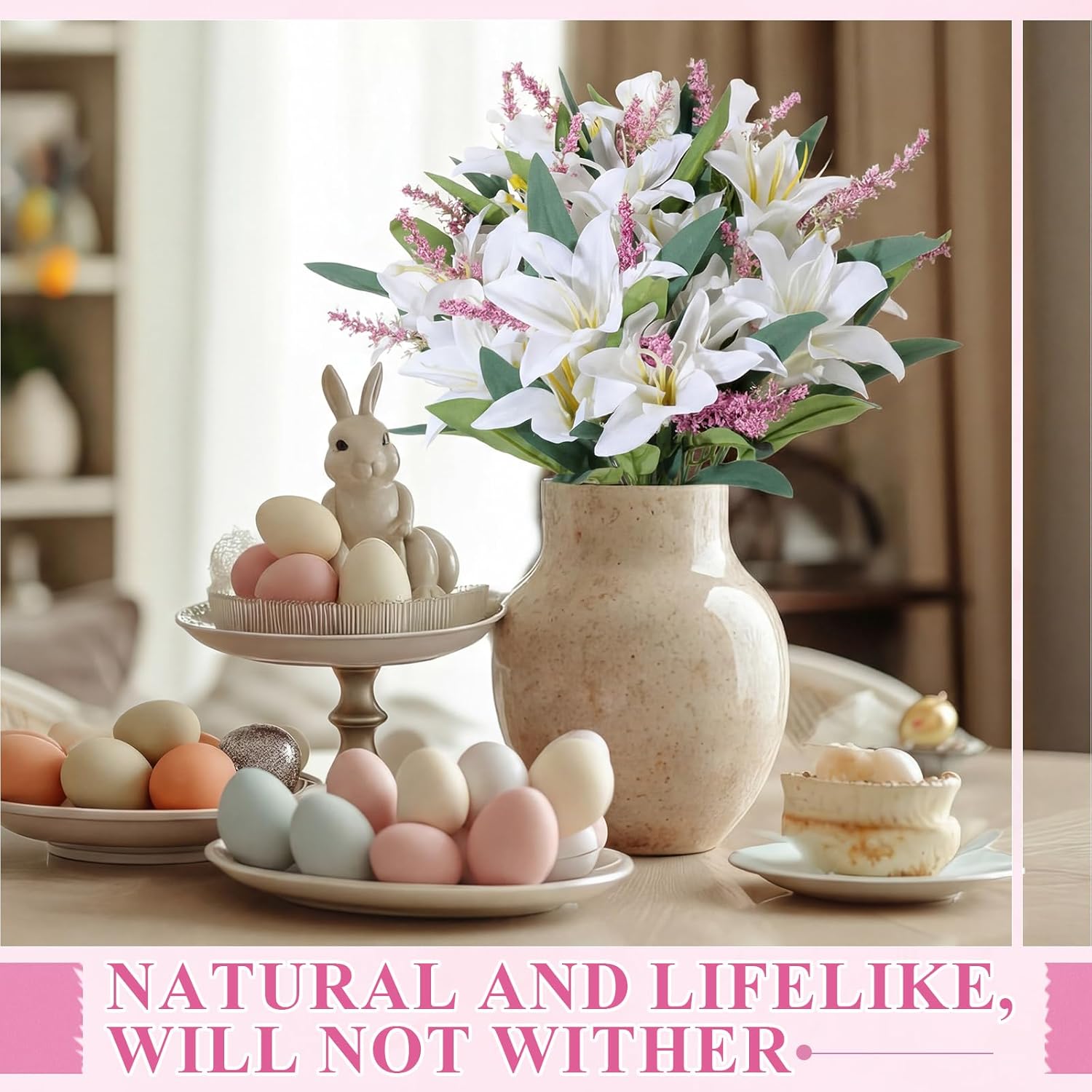 Giegxin 8 Pcs Artificial Tiger Lily Bouquets, Silk Faux Easter Lilies with 7 Heads, Realistic Spring Flowers for Wedding Centerpieces, Home Vase Decor, Party & Event Arrangements (White Purple)