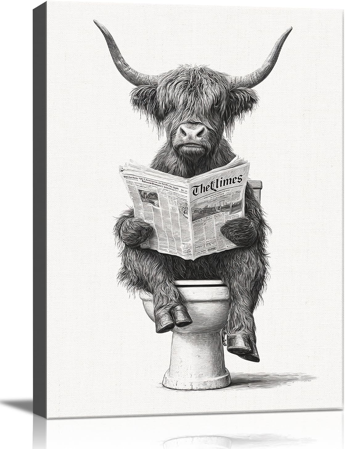 Funny Bathroom Wall Art, Highland Cow Reading Newspaper Canvas Prints, Black and White Farmhouse Framed Bathroom Pictures Wall Decor for Guest Bath, Ready to Hang 12 * 16in