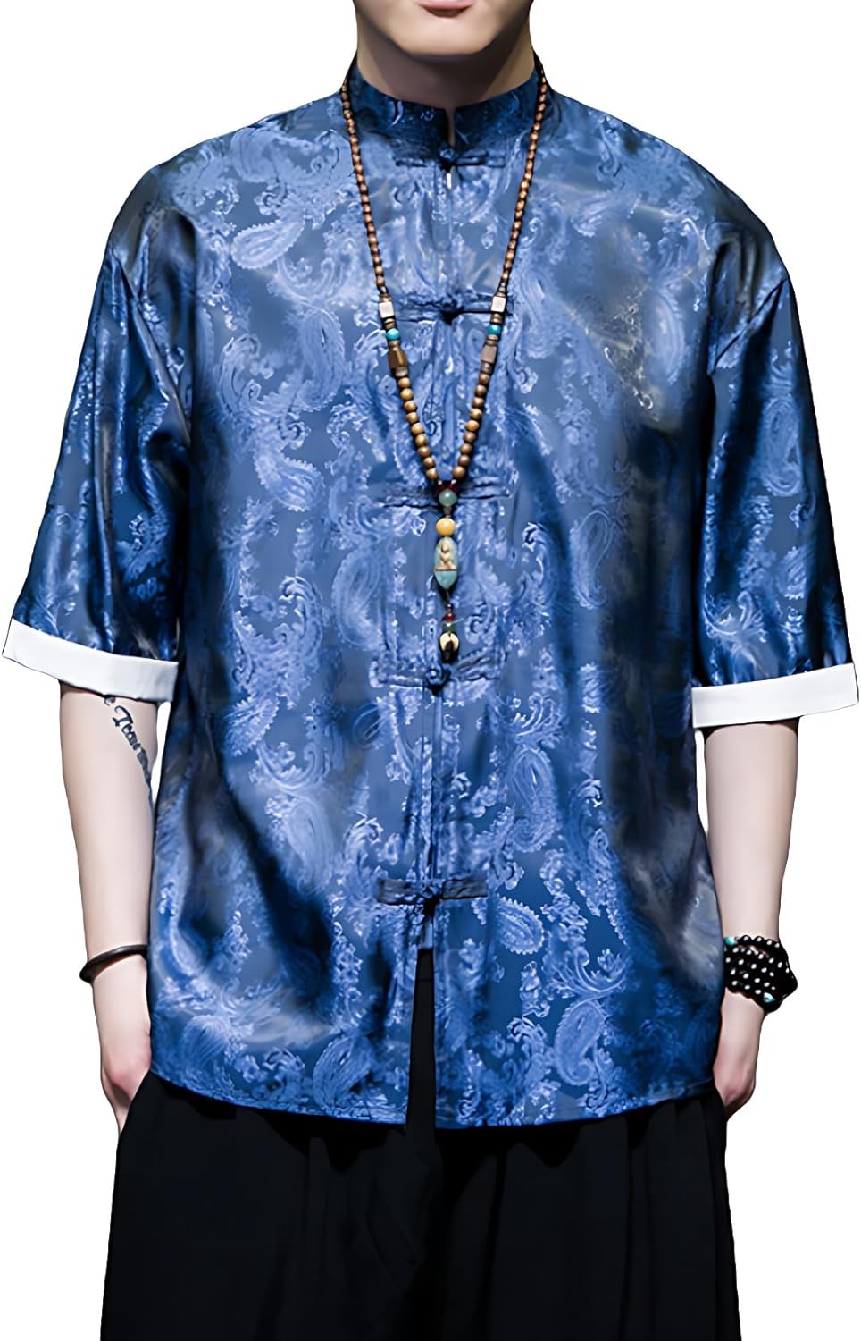 Men's Kung Fu Shirt,Traditional Chinese Hanfu Tang Suit Coat with Silk Printing,Half Sleeve Top for Casual Summer Outfits Blue