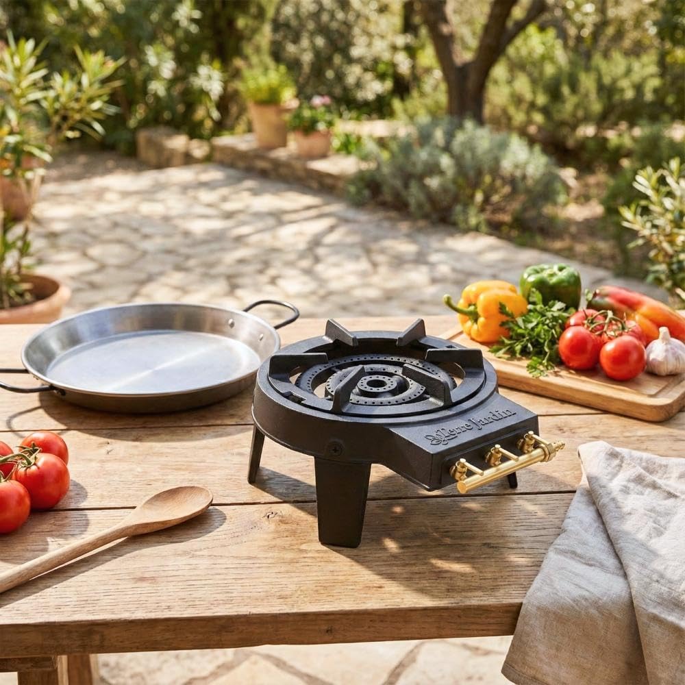 TERRE JARDIN Réchaud à Gaz 3 Feux Puissant en Fonte - Réchaud Camping Professionnel Triple Brûleur - Gazinière Extérieure pour Paëlla, Wok et Cuisine Outdoor