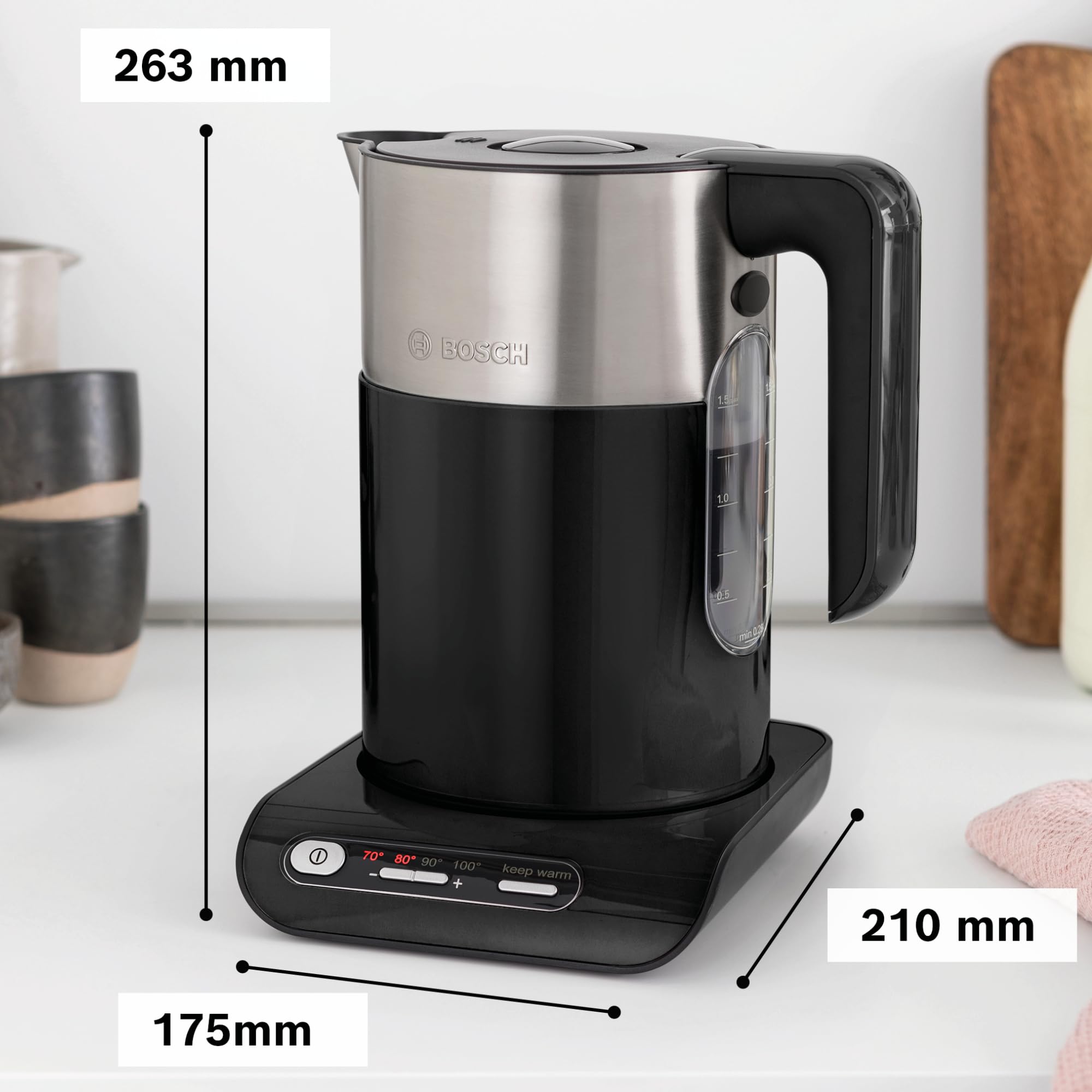 Bosch kabelloser Wasserkocher TWK8613P, Abschaltautomatik, Überhitzungsschutz, Temperaturwahl, Warmhaltefunktion, 1,5 L, 2400 W, schwarz