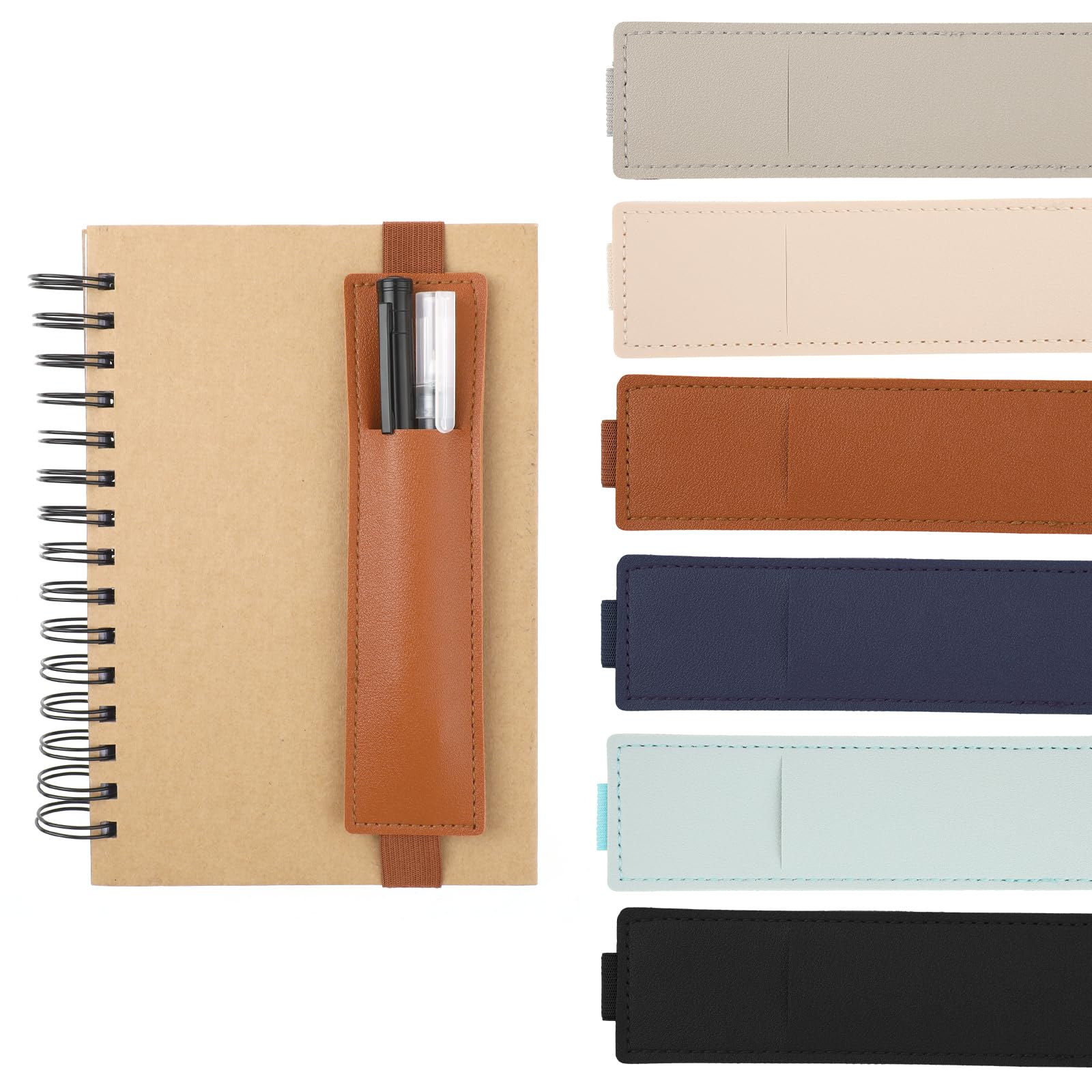 simarro 6pcs Adjustable Pen Holder Elastic Band, Detachable PU Leather Pen Sleeve Pouch Journal Pencil Holder for Notebook, Planners, Binders and Books (6 Colors)