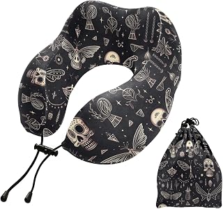 Travel Pillow for Neck Head, Skulls Moths Magical Elements Memory Foam Padding Sleeping Airplane Trains Cars Camping Office
