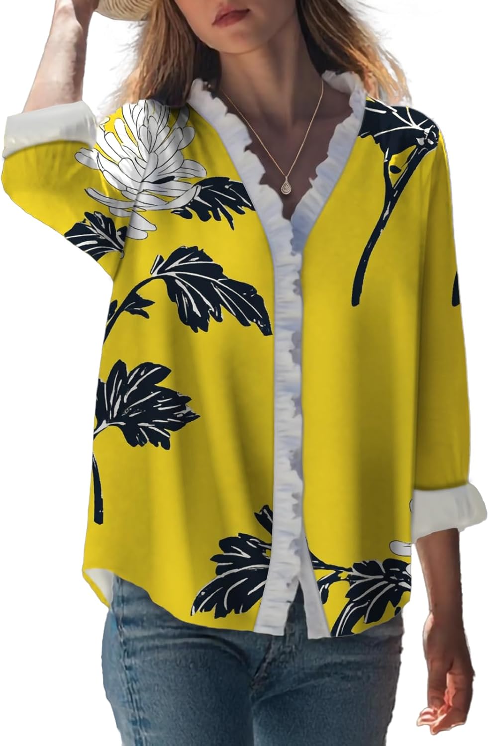 MARSVOVO Dressy Button Down Blouses for Women Ruffle V Neck Loose Trendy Blouse Casual Flowy Tops